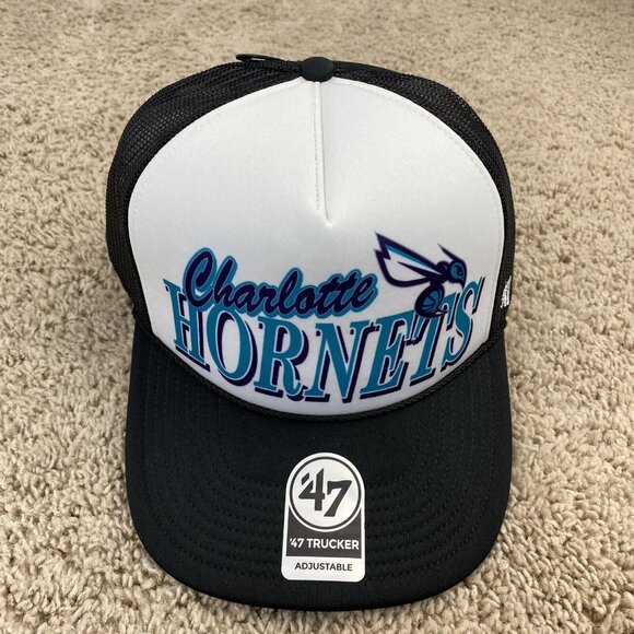 Charlotte Hornets 47 Trucker Hat Foam Snapback White Black Mesh Script Logo Cap - Picture 8 of 8